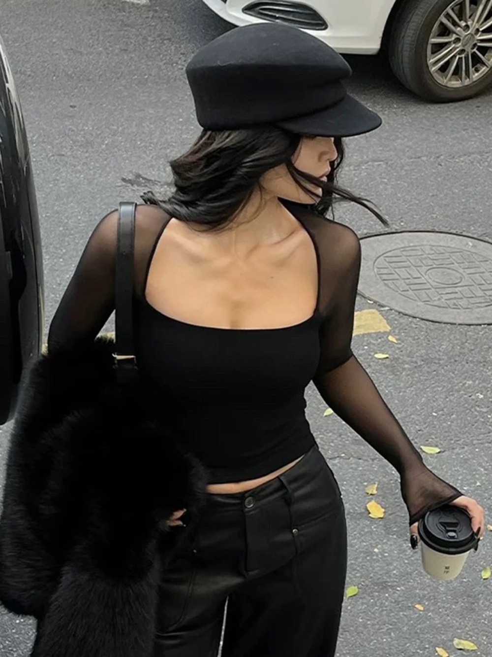 Commense Black Square Neck Sheer-Sleeve Tank